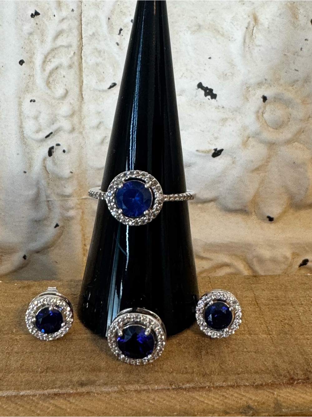 925 Sterling Silver Blue Sapphire CZ Halo Jewelry Set - Ring, Earrings, Pendant
